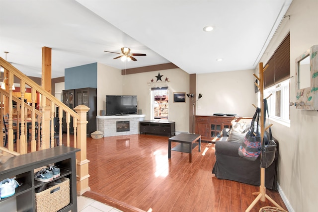 417 Locust St, Rollinsford, NH 03869 - living area featuring stairway, a ceiling fan, wood finished floors, baseboards, and recessed lighting