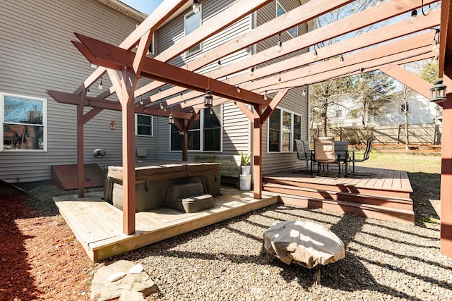 417 Locust St, Rollinsford, NH 03869 - wooden terrace featuring a hot tub, a pergola, outdoor dining area, and fence