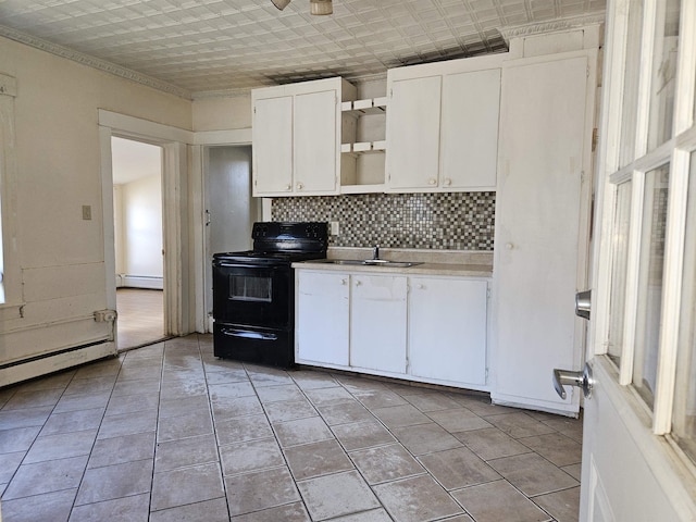 kitchen featuring a baseboard heating unit, tasteful backsplash, white cabinetry, black / electric stove, and open shelves