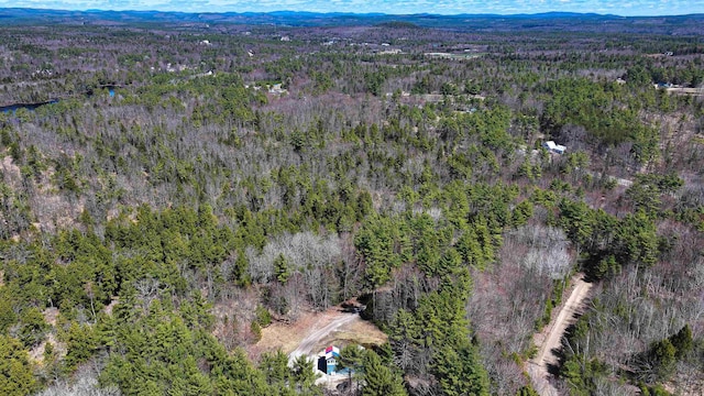 birds eye view of property featuring a mountain view and a forest view