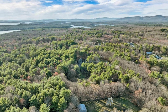 drone / aerial view with a wooded view and a mountain view