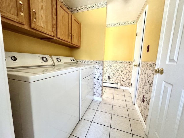 207 Blakely Farm Rd, Colebrook, NH 03576 - clothes washing area featuring light tile patterned floors, washing machine and dryer, a wainscoted wall, wallpapered walls, and a baseboard radiator