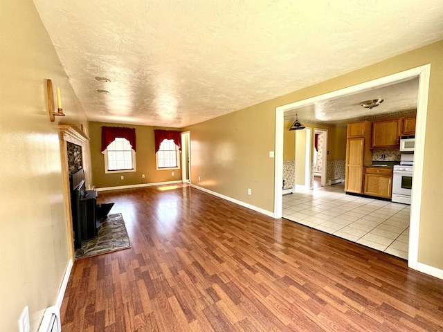 207 Blakely Farm Rd, Colebrook, NH 03576 - unfurnished living room with a textured ceiling, light wood-style flooring, a wood stove, and baseboards