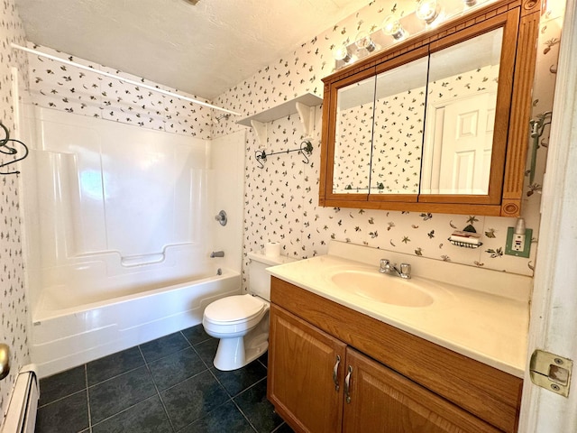 207 Blakely Farm Rd, Colebrook, NH 03576 - bathroom with tile patterned flooring, a baseboard radiator, wallpapered walls, toilet, and shower / tub combination