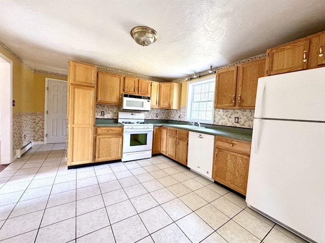 207 Blakely Farm Rd, Colebrook, NH 03576 - kitchen featuring white appliances, wallpapered walls, baseboard heating, dark countertops, and a sink