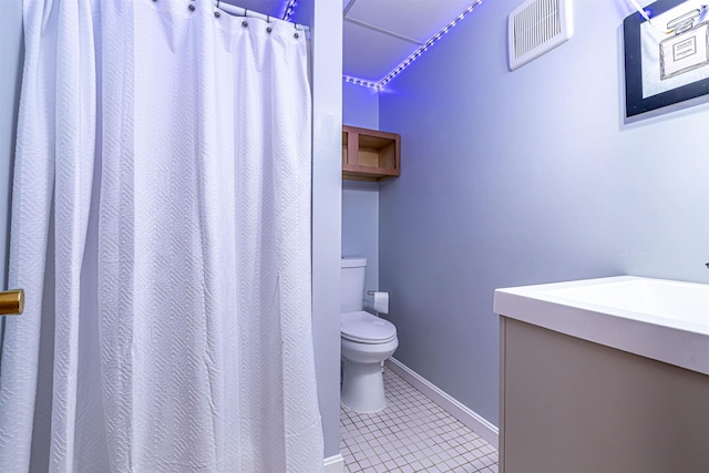 full bath featuring visible vents, toilet, tile patterned flooring, and vanity