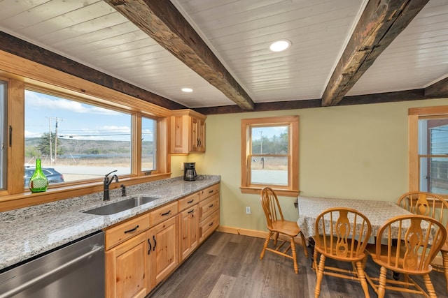kitchen featuring stainless steel dishwasher, beamed ceiling, a sink, baseboards, and dark wood-style flooring