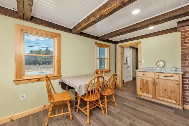 dining room featuring baseboards, recessed lighting, wood ceiling, beam ceiling, and dark wood-type flooring
