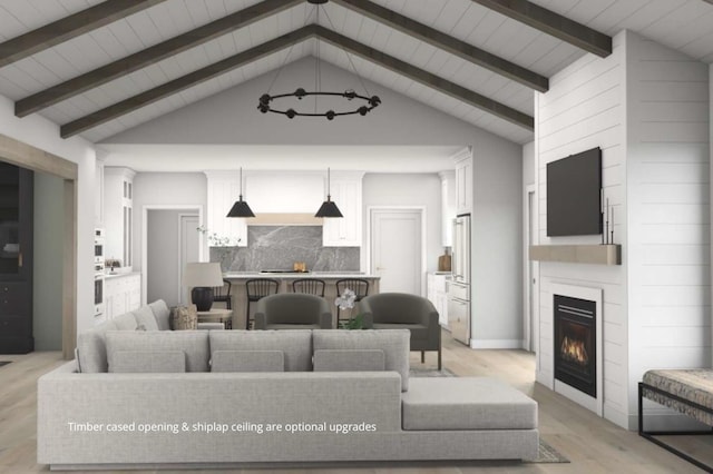 living room featuring a fireplace, lofted ceiling with beams, light wood-style flooring, and wooden ceiling