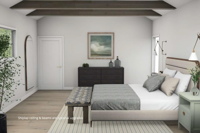 bedroom featuring wood finished floors, vaulted ceiling with beams, and baseboards