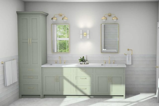 full bathroom featuring a wainscoted wall, a sink, radiator heating unit, and double vanity