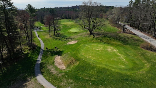 view of property's community with golf course view and a view of trees