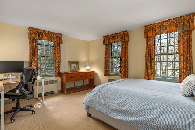 bedroom with radiator heating unit and carpet floors