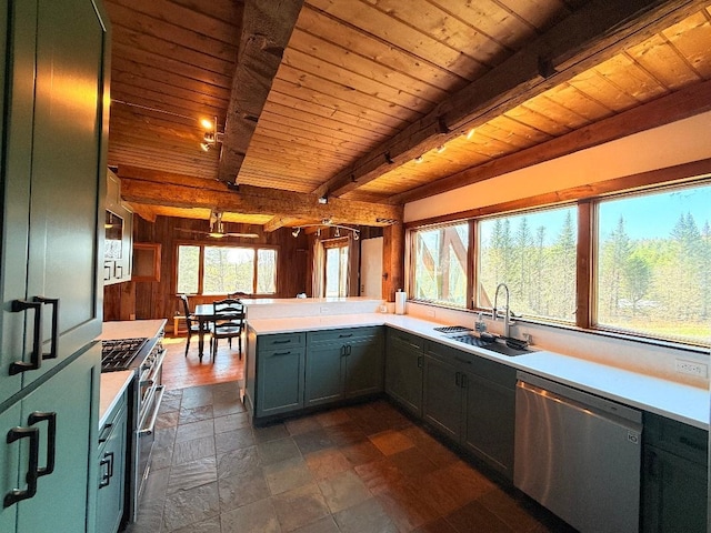 kitchen featuring wood ceiling, appliances with stainless steel finishes, a peninsula, and a sink