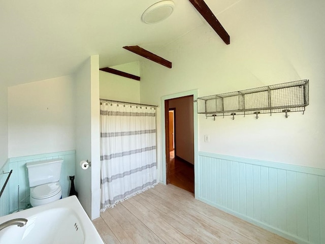 bathroom featuring lofted ceiling, a sink, a wainscoted wall, toilet, and wood finished floors