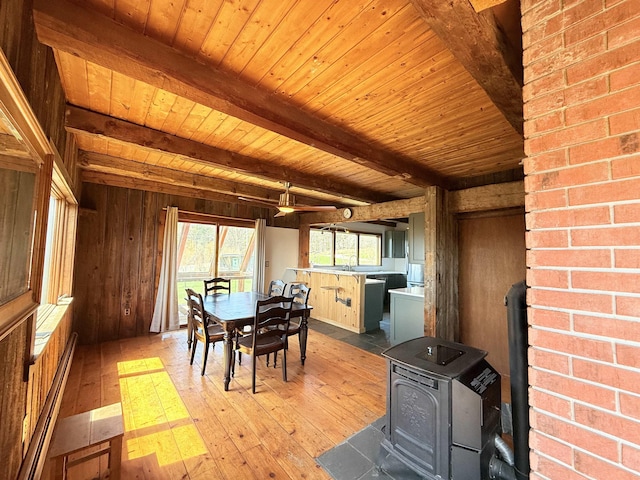 dining space with a wood stove, beamed ceiling, light wood-type flooring, and wooden ceiling