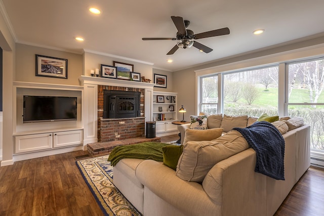 living room featuring ornamental molding, recessed lighting, a ceiling fan, and plenty of natural light