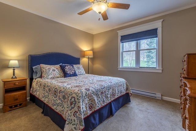 carpeted bedroom with ceiling fan, ornamental molding, a baseboard heating unit, and baseboards