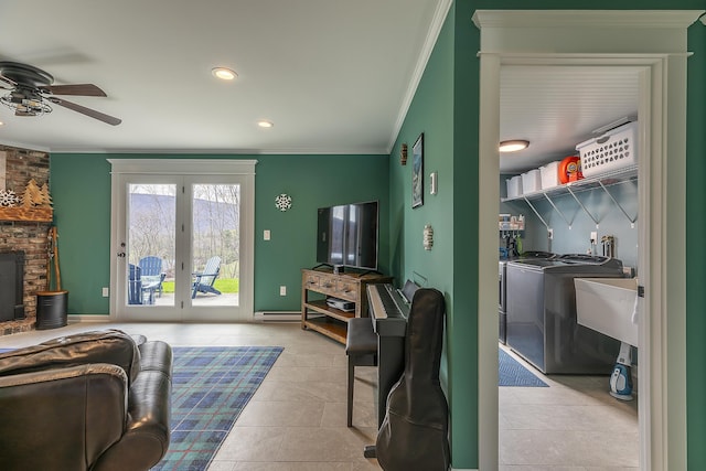 tiled living room featuring recessed lighting, ceiling fan, washing machine and dryer, french doors, and crown molding
