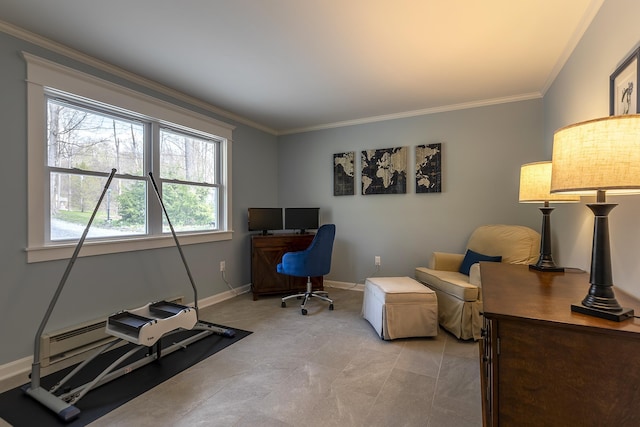 office with crown molding, light tile patterned flooring, and baseboards