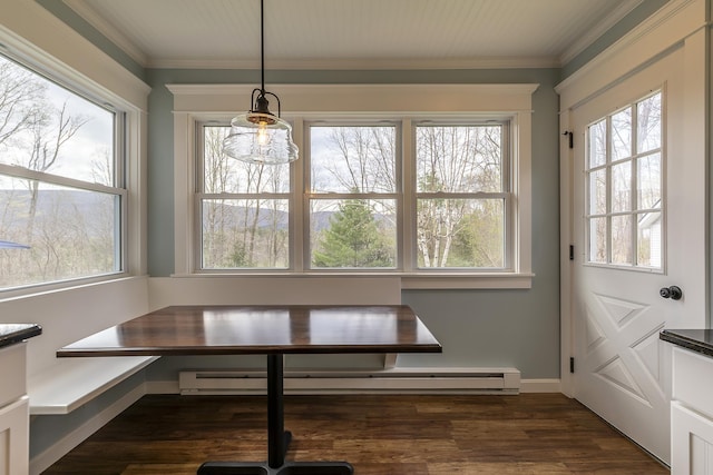 unfurnished dining area with a baseboard heating unit, dark wood-type flooring, breakfast area, and plenty of natural light
