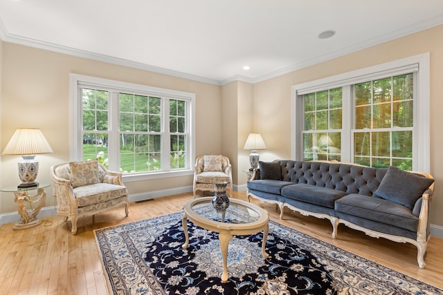 living area with baseboards, wood finished floors, and crown molding