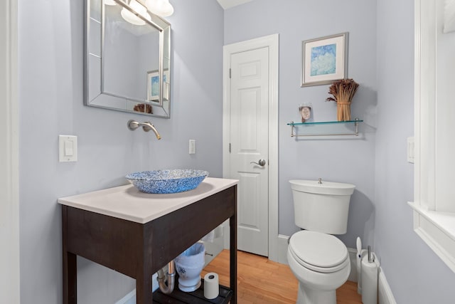 bathroom featuring wood finished floors, toilet, and vanity