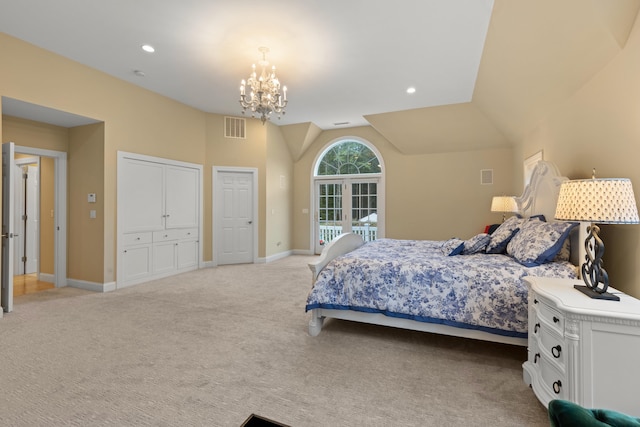 bedroom with a chandelier, visible vents, vaulted ceiling, baseboards, and light colored carpet
