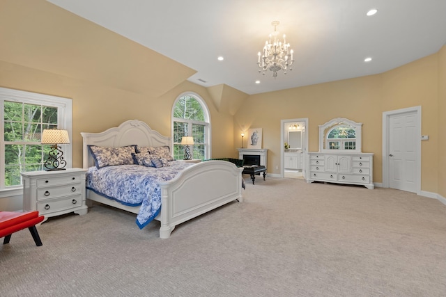 bedroom featuring recessed lighting, a notable chandelier, baseboards, and carpet floors