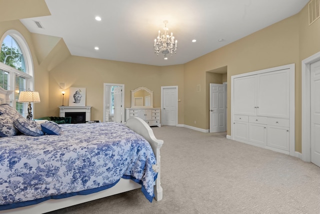 bedroom featuring visible vents, baseboards, an inviting chandelier, recessed lighting, and light carpet