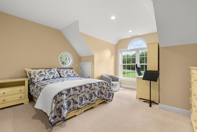 bedroom featuring recessed lighting, carpet flooring, vaulted ceiling, and baseboards
