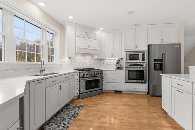 kitchen featuring high end appliances, decorative backsplash, white cabinets, and a sink