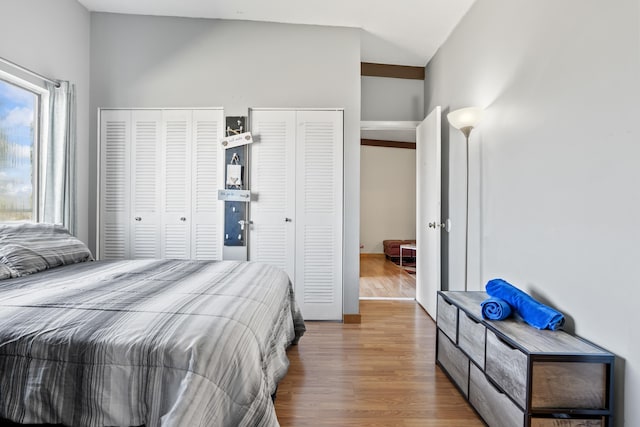 bedroom featuring wood finished floors and two closets
