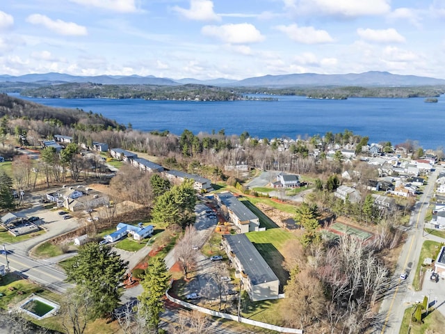 bird's eye view featuring a water and mountain view