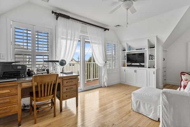 46A River St Unit A, Seabrook, NH 03874 - office area featuring light wood-style flooring, vaulted ceiling, ceiling fan, baseboards, and visible vents