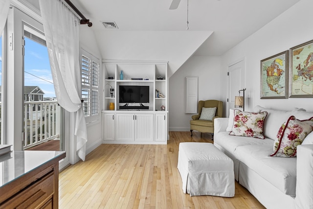 46A River St Unit A, Seabrook, NH 03874 - living room featuring baseboards, visible vents, ceiling fan, and light wood finished floors