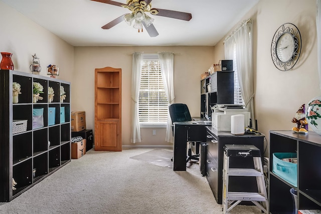 office space featuring ceiling fan, carpet floors, and baseboards
