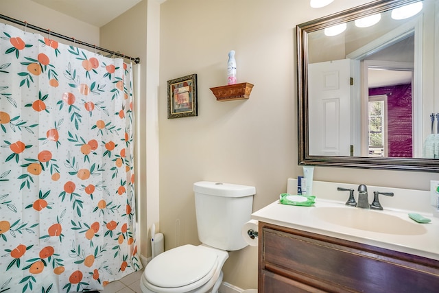 full bathroom with tile patterned floors, toilet, curtained shower, and vanity