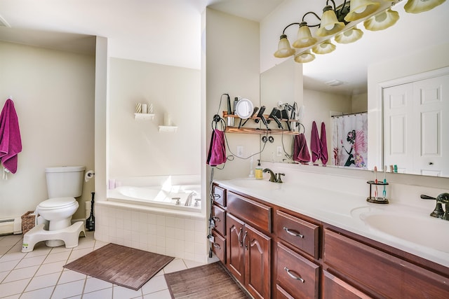 full bath with tile patterned floors, toilet, double vanity, and a sink