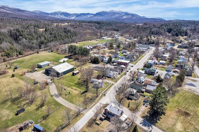aerial view featuring a residential view, a mountain view, and a view of trees