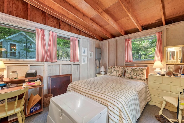 bedroom featuring wooden walls, carpet floors, electric panel, and vaulted ceiling