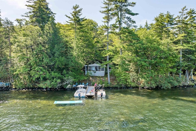 view of yard featuring a floating dock, a water view, and a view of trees