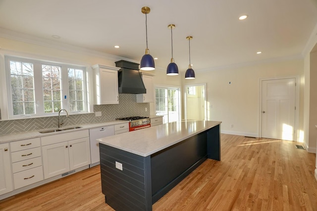 kitchen featuring white cabinetry, tasteful backsplash, custom range hood, a sink, and a kitchen island