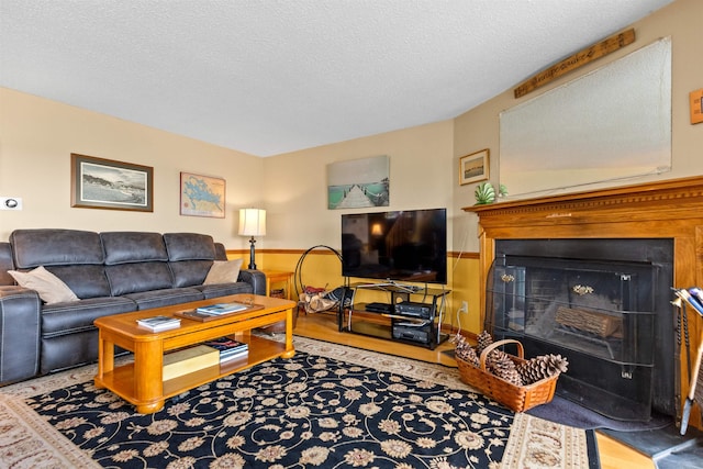 living area with wood finished floors, a textured ceiling, and a fireplace