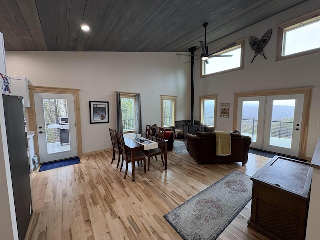 dining area featuring light wood-type flooring, a wood stove, and ceiling fan