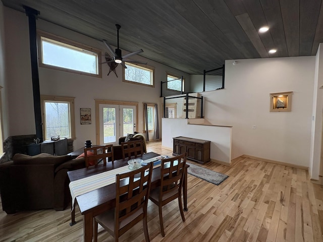 dining room with light wood-style floors, ceiling fan, plenty of natural light, and wooden ceiling