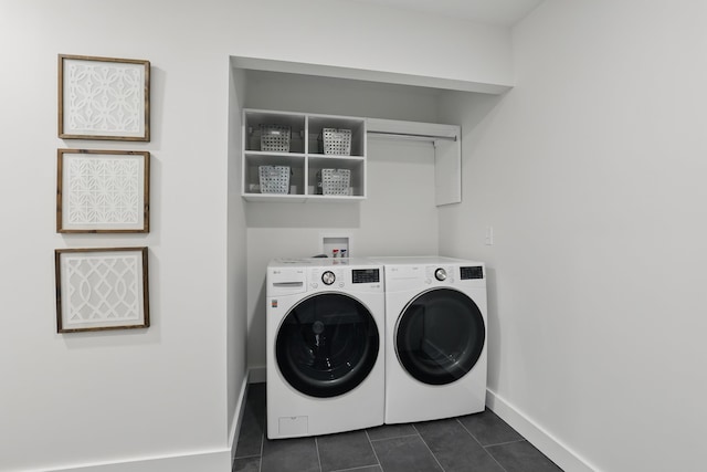 laundry area featuring washer and dryer, dark tile patterned flooring, laundry area, and baseboards