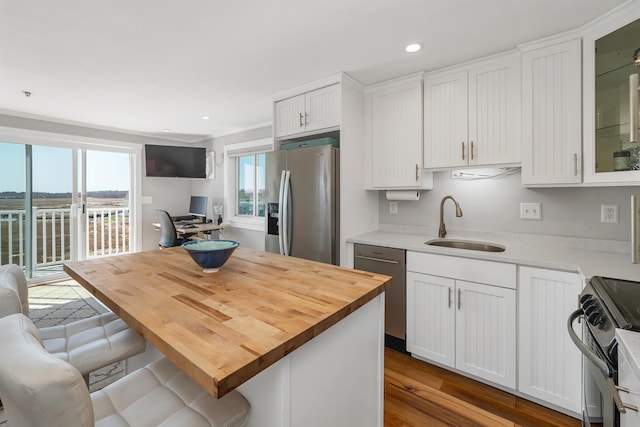 kitchen featuring white cabinets, stainless steel appliances, and a sink
