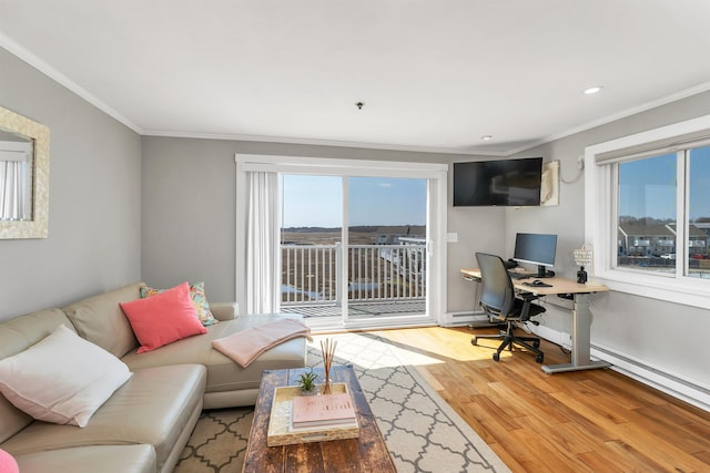 living room featuring ornamental molding, a baseboard radiator, wood finished floors, and plenty of natural light