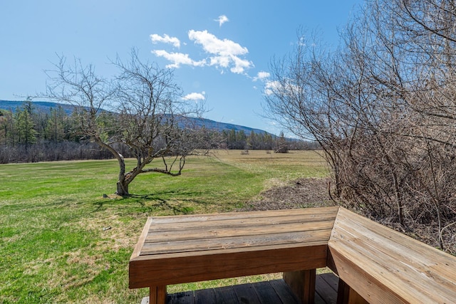wooden terrace featuring a mountain view and a lawn